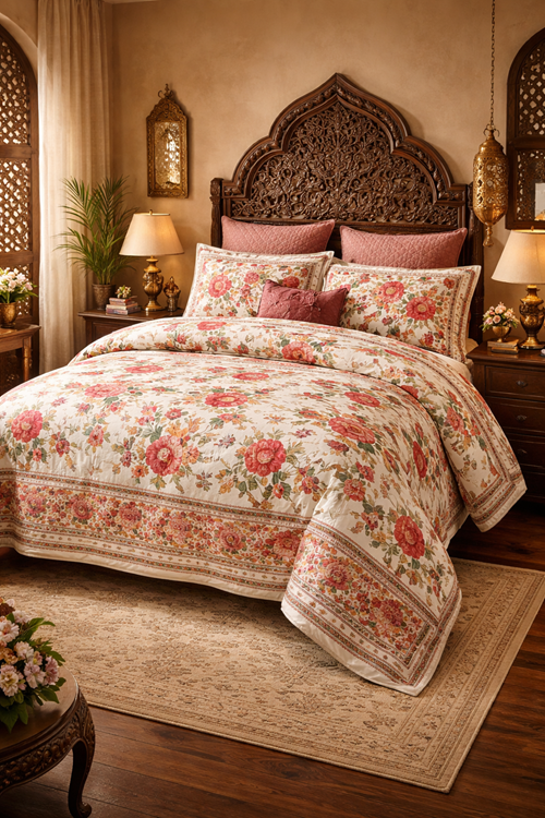 Mughal-Inspired Floral Bedding Prints- floral bedding ideas
