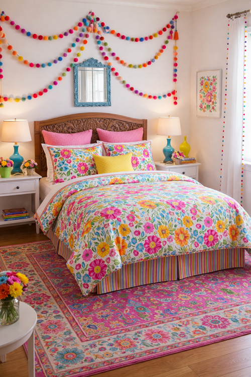 White Base with yellow/Pink Florals- floral bedding ideas