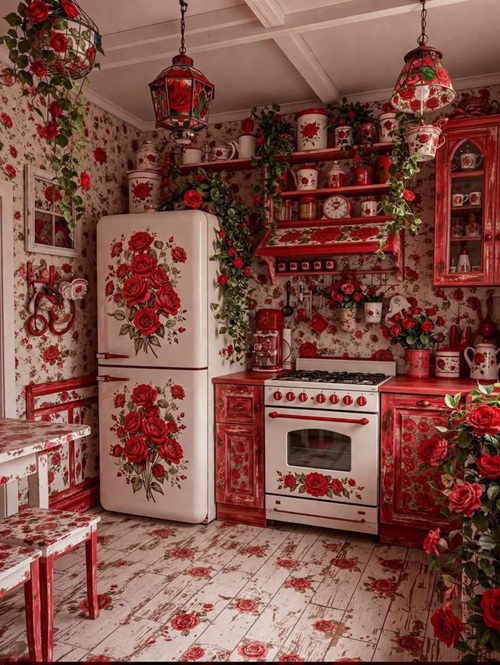 rose theme red kitchen idea: woodykiss