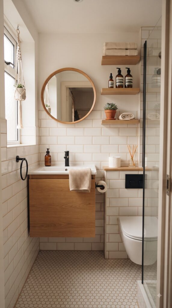 Small Bathroom Secrets: use wall mounted storage
